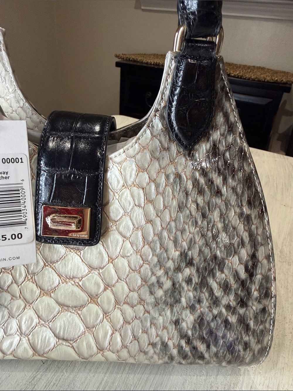 Brahmin Adrian Black Rockway Ivory and Black Embossed Python-Print Satchel - Picture 4 of 14
